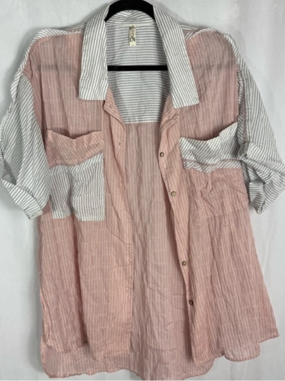 Free People Pink and White Striped Cotton Button-Up Shirt